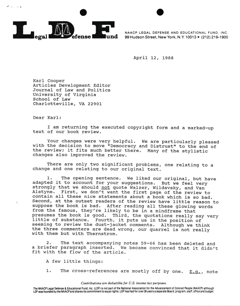 Correspondence from Pamela Karlan to Karl Cooper (Journal of Law and Politics); Journal of Law and Politics Transfer of Copyright Form from Karlan; Dillard v. Town of Loachapoka Final Order Approving Settlement; Consent Decree preview