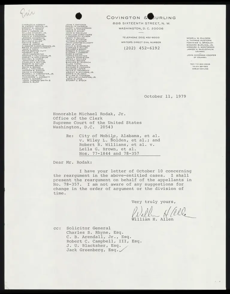 Correspondence from Allen to Clerk preview