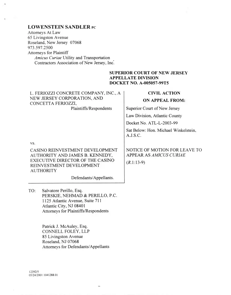 L. Feriozzi Concrete Company v. Casino Reinvestment Development Authority Notice of Motion for Leave to Appear as Amicus Curiae preview