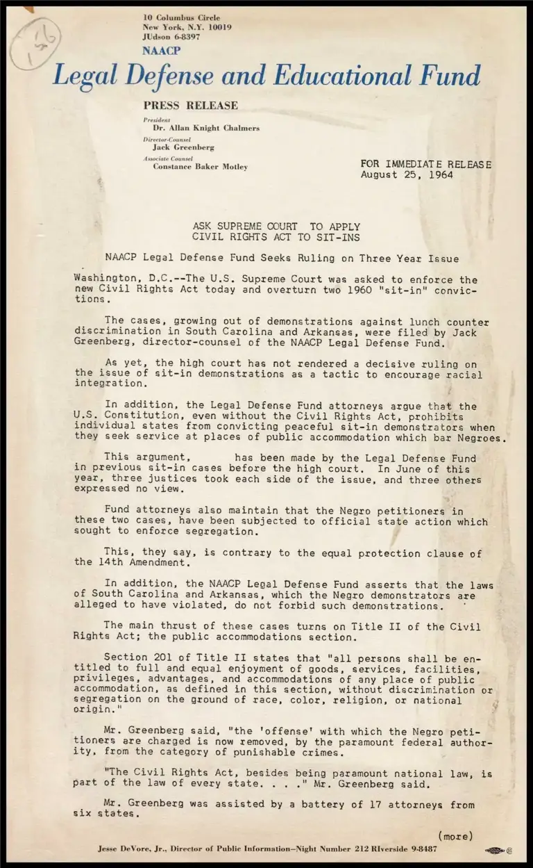 Ask Supreme Court to Apply Civil Rights Act to Sit-Ins preview