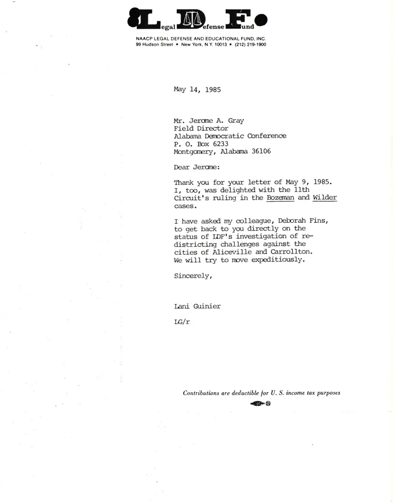 Correspondence from Lani Guinier to Jerome Gray (Alabama Democratic Conference) Re Bozeman and Wilder v. Lambert preview