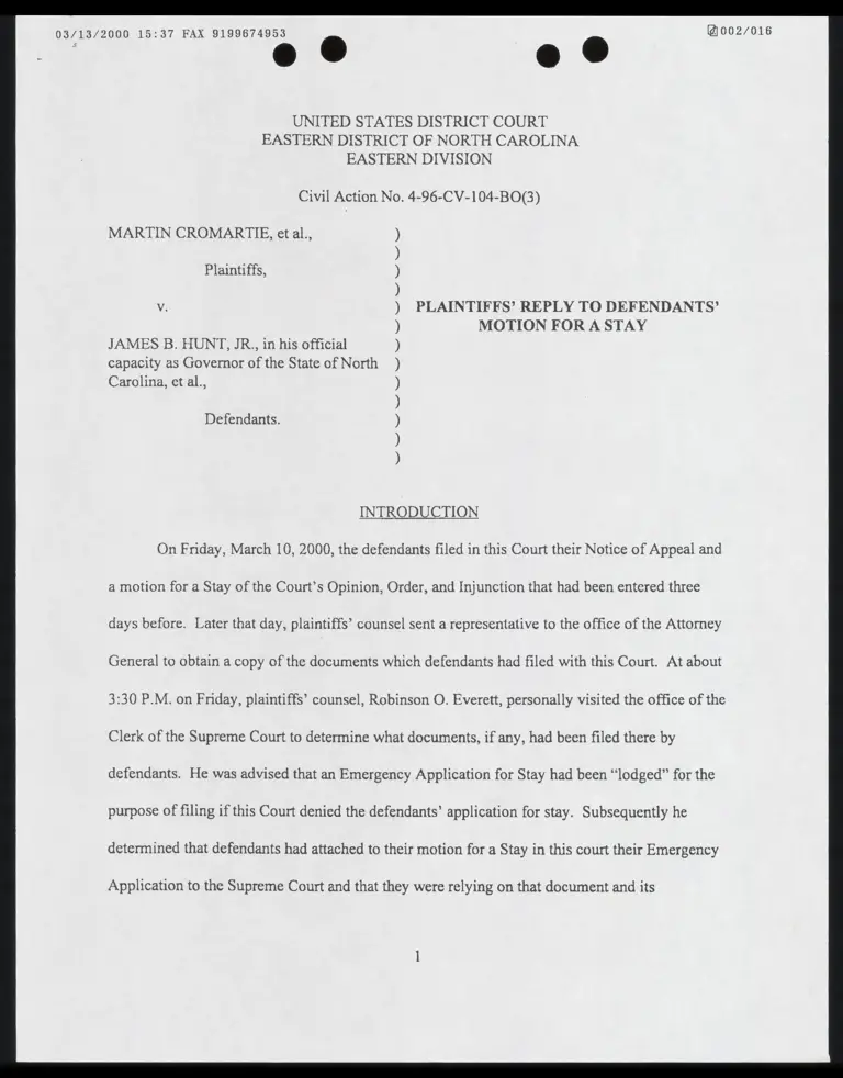 Plaintiffs' Reply to Defendants' Motion for a Stay preview