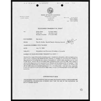 Fax from Smiley to Stein, Cox and Chachkin RE: Draft stipulations & discovery schedule preview