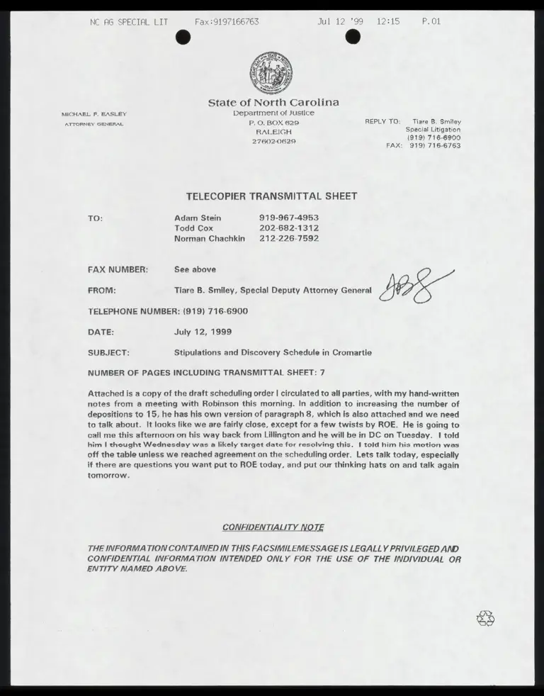 Fax from Smiley to Stein, Cox and Chachkin RE: Draft stipulations & discovery schedule preview