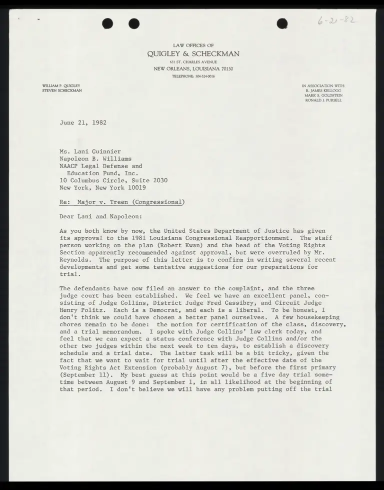 Letter to Lani from James Kellogg RE Major v Treen preview