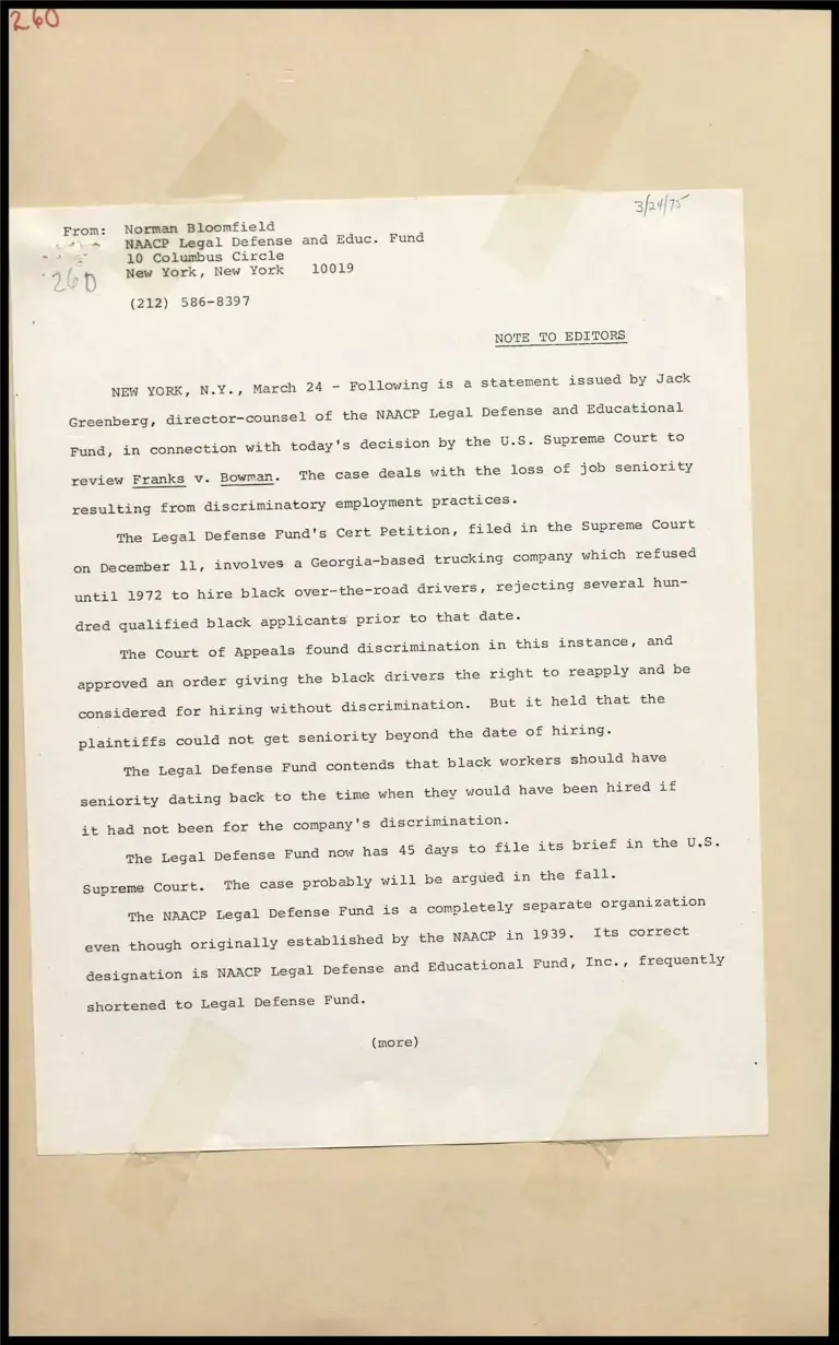 Greenberg Statement on Review of Franks v. Brown preview