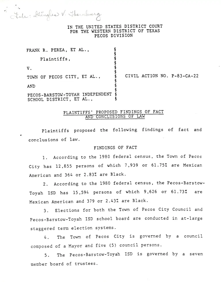 Perea v. Town of Pecos City Plaintiffs' Proposed Findings of Fact and Conclusions of Law preview