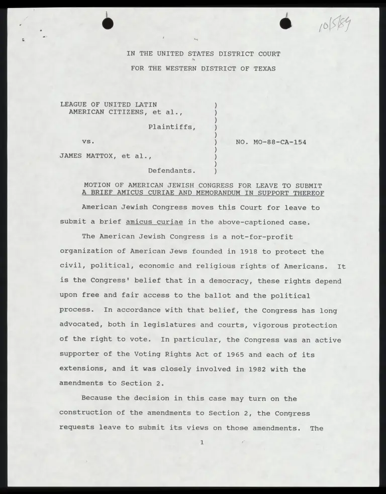 Motion of American Jewish Congress for Leave to Submit a Brief Amicus Curiae and Memorandum in in Support Thereof; Order preview