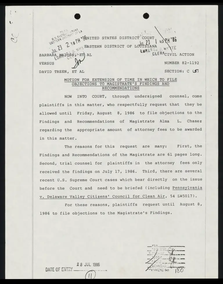 Motion for Extension of Time in Which to File Objections to Magistrate's Findings and Recommendations preview