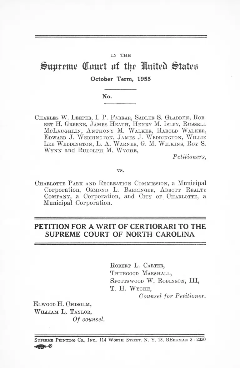 Leeper v. Charlotte Park and Recreation Commission Petition for a Writ of Certiorari preview