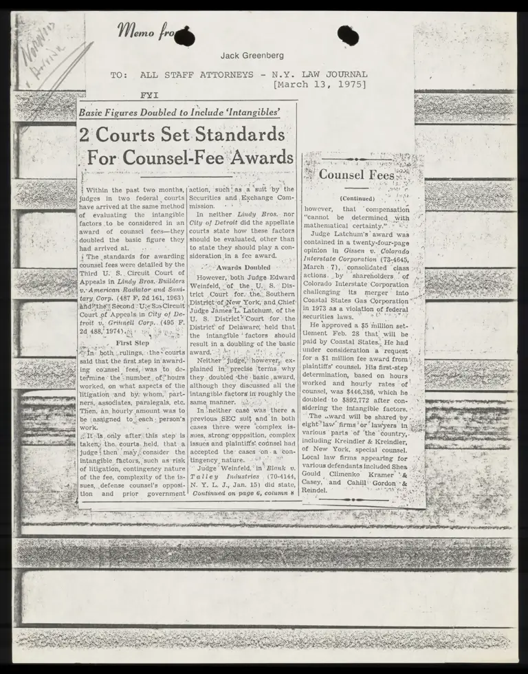 Memo from Greenberg to All Staff Re: 2 Courts Set Standards for Counsel-Fee Awards Article preview