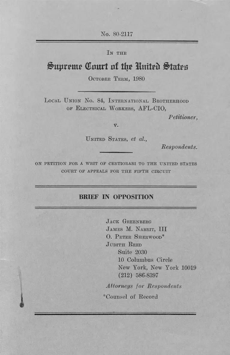Local Union No. 84, International Brotherhood of Electrical Workers, AFL-CIO v. United States Brief in Opposition preview