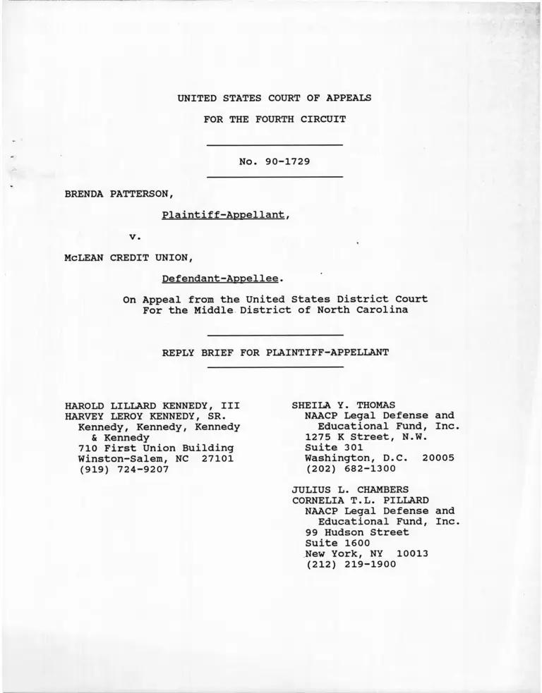 Patterson v. McLean Credit Union Reply Brief for Plaintiff-Appellant preview