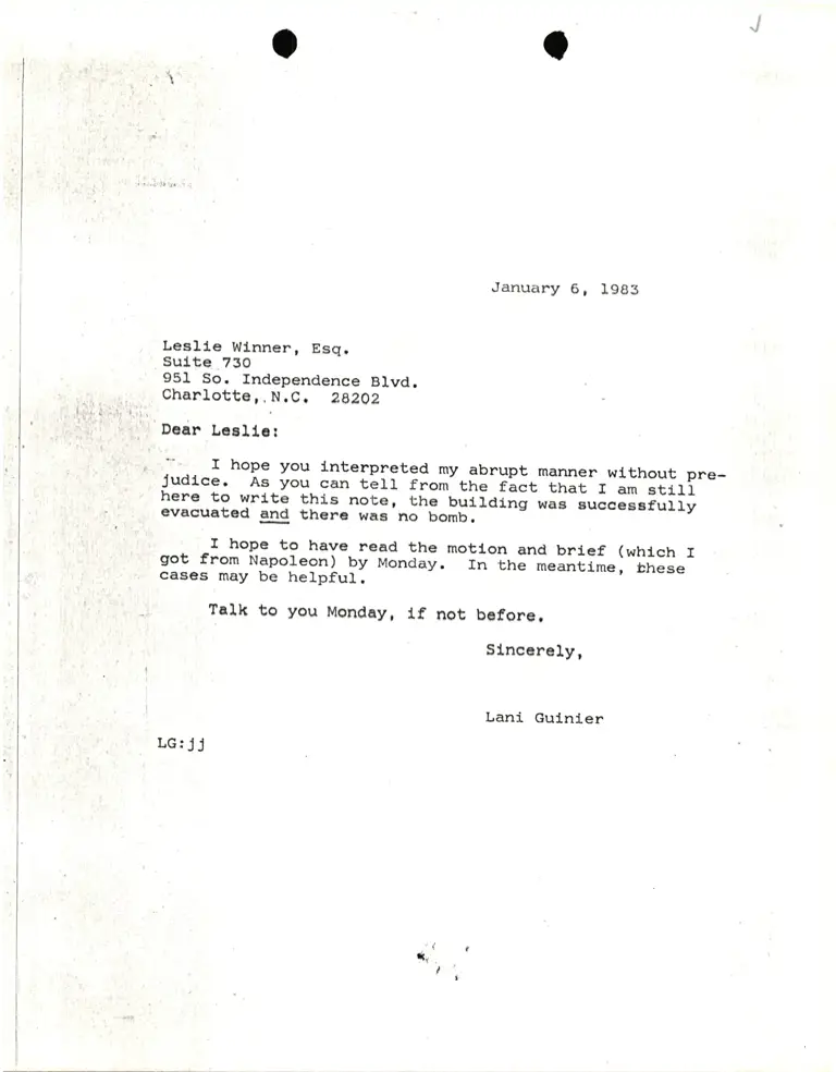 Correspondence from Lani Guinier to Leslie Winner preview