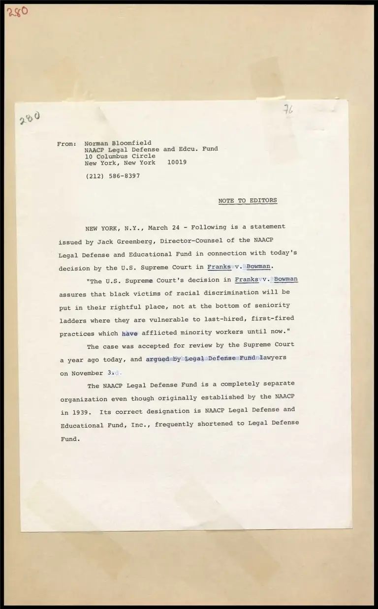Greenberg Statement on Franks v. Bowman Discrimination Case preview