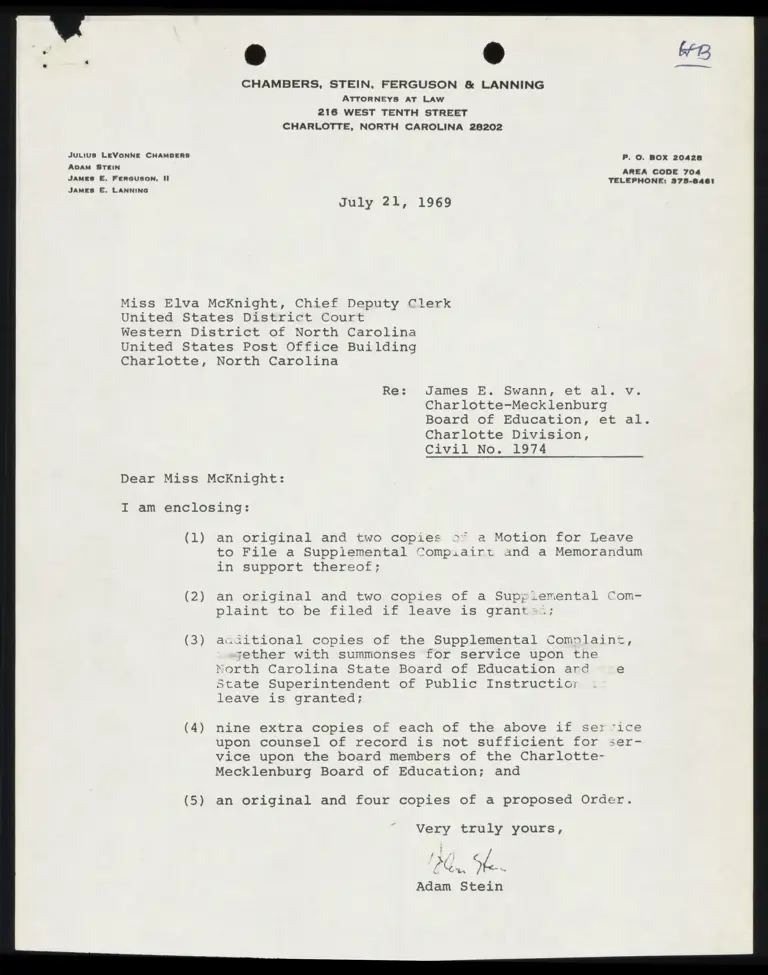 Correspondence from Stein to Clerk Re: Motion for Leave and Other Court Documents preview