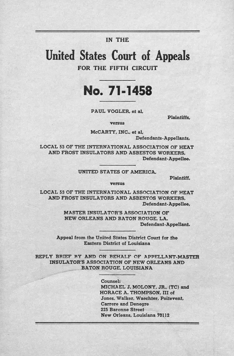 Vogler, Jr. v. McCarty, Inc. Reply Brief on Behalf of Appellant preview