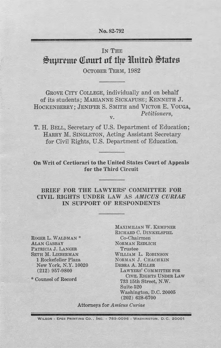 Grove City College v. Bell Brief Amicus Curiae in Support of Respondents preview