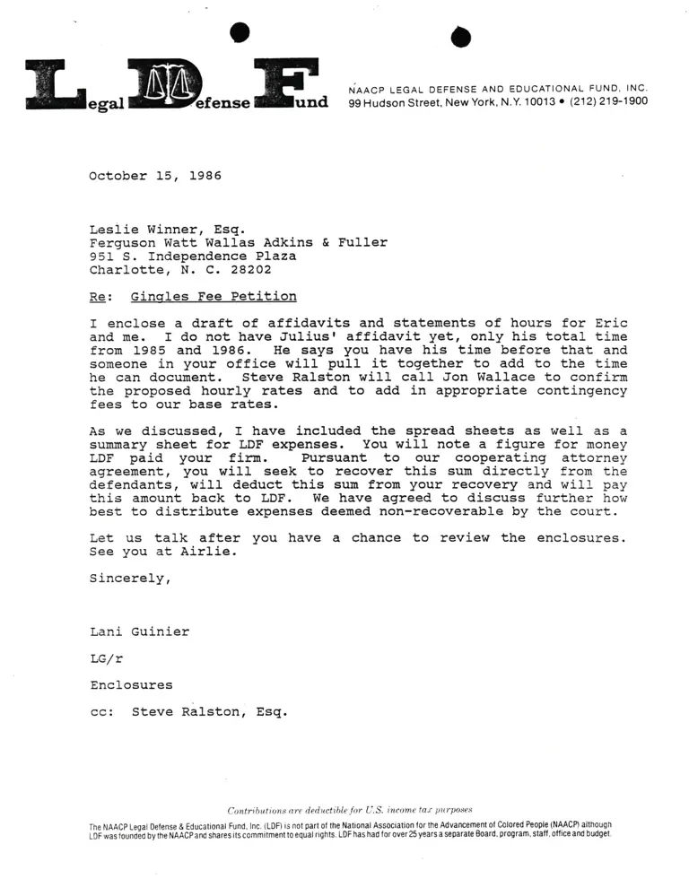 Correspondence from Lani Guinier to Leslie Winner Re Gingles Fee Petition preview