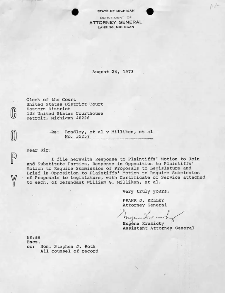 Letter from Krasicky to Clerk RE: Filing of Responses to Motion to Join & Substitute Parties, Response and Brief in Opposition to Submission of Proposals with Certificate of Service preview