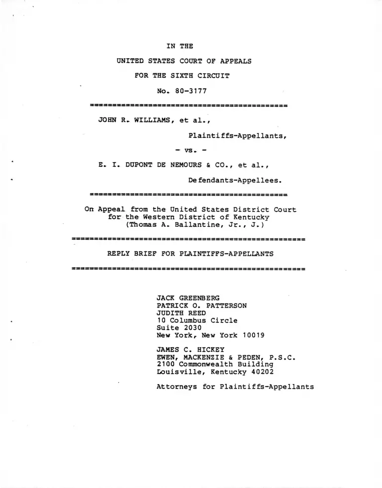 Williams v. E.I. Dupont De Nemours Reply Brief for Plaintiffs-Appellants preview
