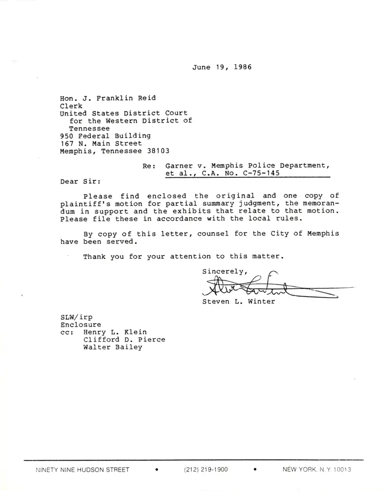 Correspondence from Winter to Clerk Re: Motion for Partial Summary Judgment preview