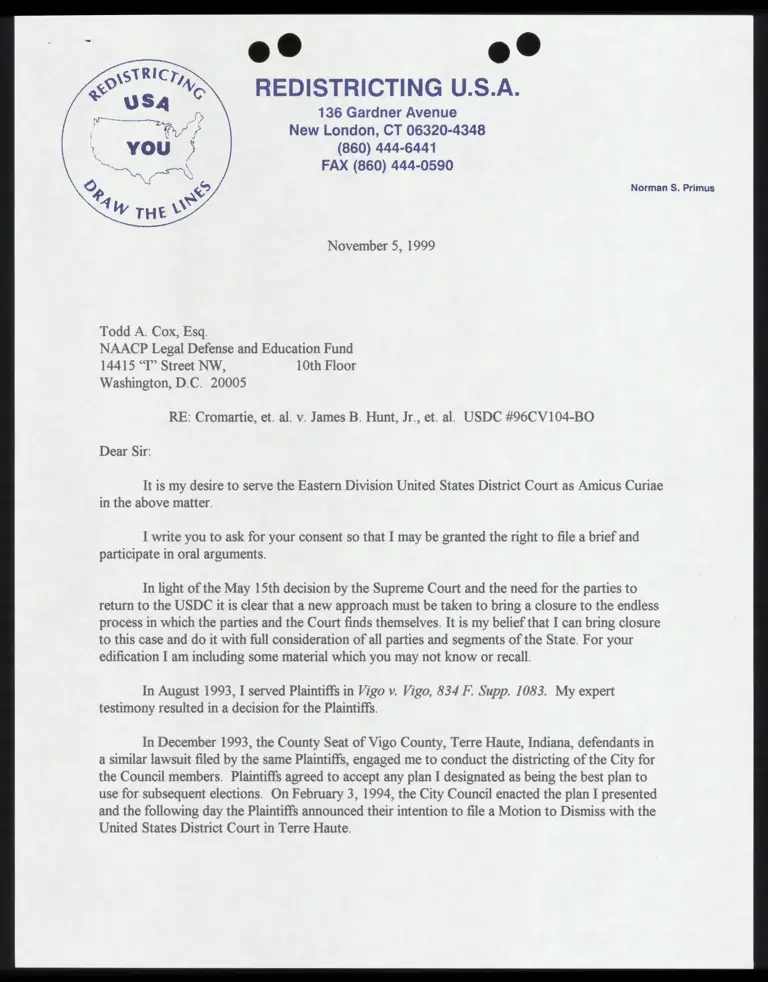 Letter from Primus to Cox RE Permission to serve as Amicus Curiae preview