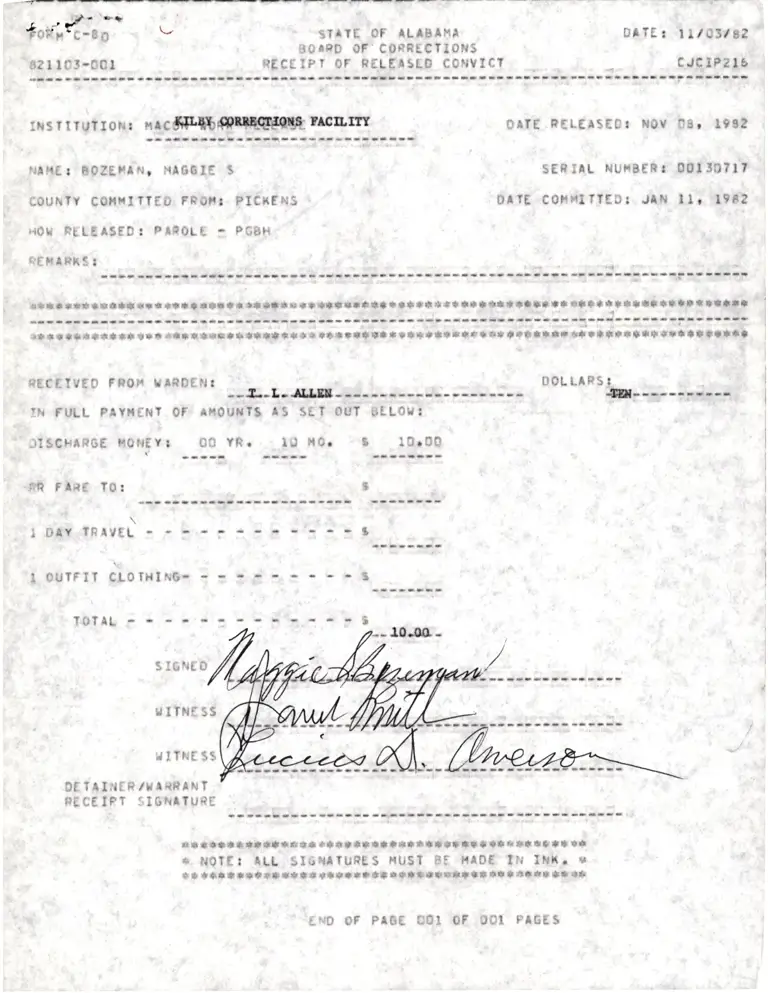 Receipt of Released Convict for Bozeman preview