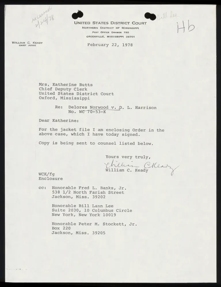 Correspondence from Judge Keady to Clerk Re: Order preview