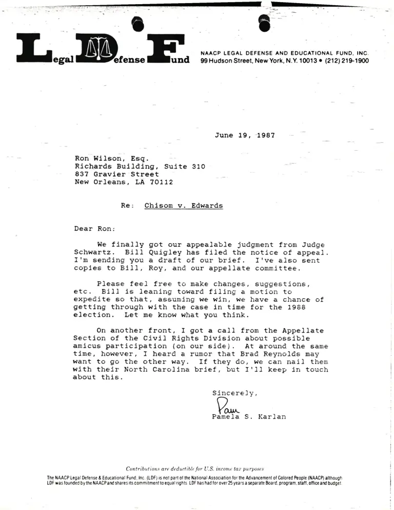 Correspondence from Pamela Karlan to Ron Wilson, Esq. Re Chisom v. Edwards preview