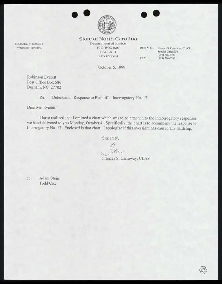 Letter to Everett from Carraway RE: Defendants’ response to plaintiffs’ interrogatory No. 17 preview