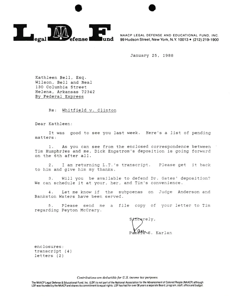 Correspondence from Pamela Karlan to Kathleen Bell, Esq. Re Whitfield v. Clinton preview