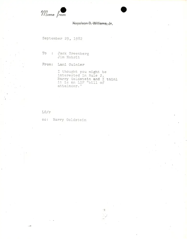 Memo from Lani Guinier to Jack Greenberg and Jim Nabrit preview