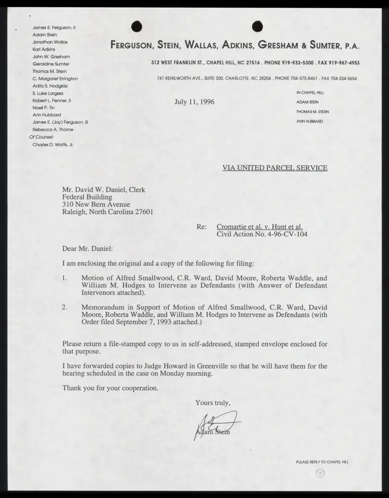 Correspondence from Stein to Clerk preview