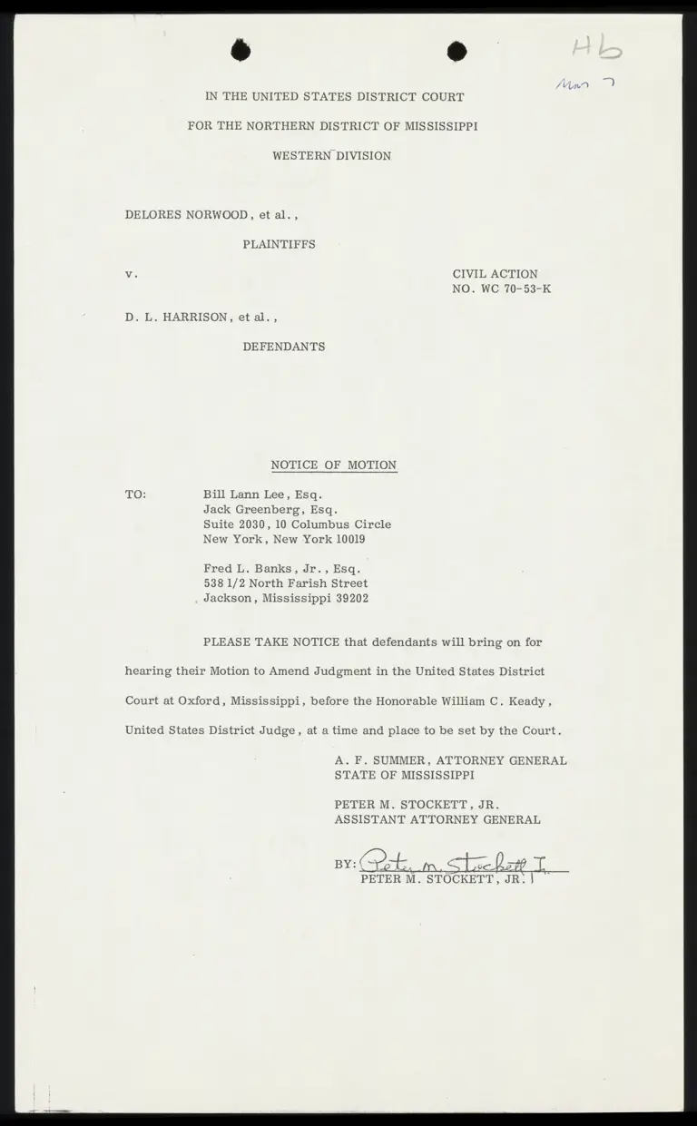 Notice of Motion from Stockett to Lee, Greenberg, and Banks preview