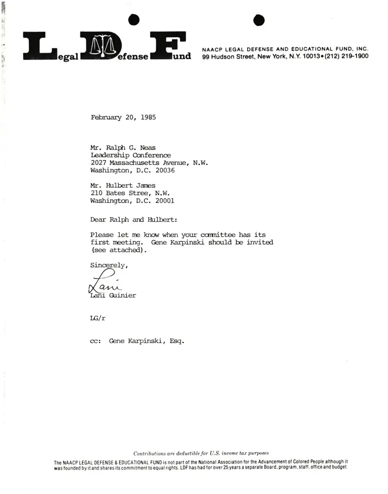 Correspondence from Lani Guinier to Ralph G. Neas (Leadership Conference) and Hulbert James preview