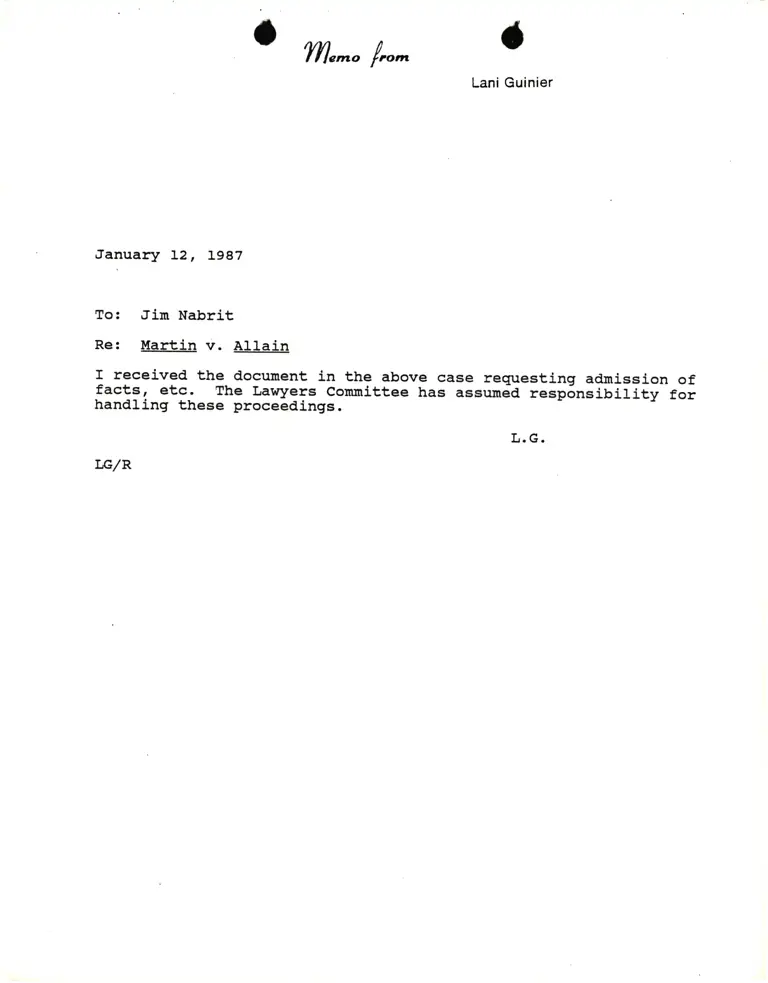 Memorandum from Lani Guinier to James Nabrit Re Martin v. Allain preview