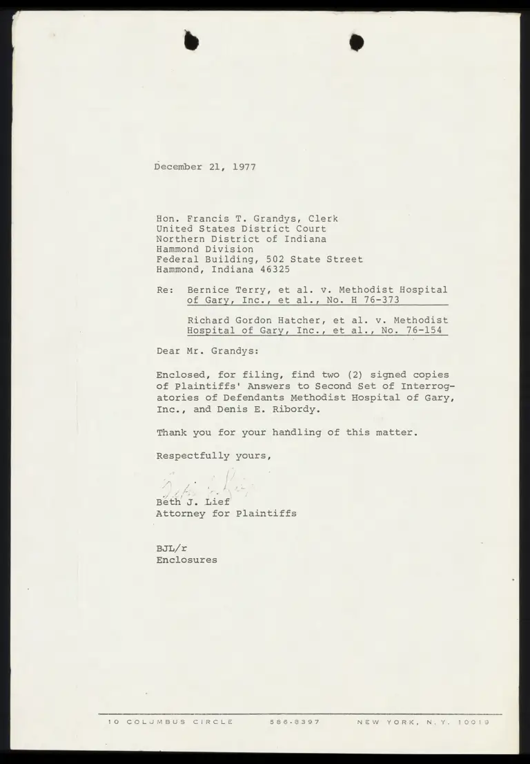Correspondence from Lief to Clerk Re: Answers to Second Set of Interrogatories preview