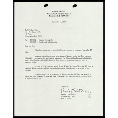 Correspondence from Clerk to Cox; Supreme Court October Term 2000 Session Schedule; Notice to Counsel preview
