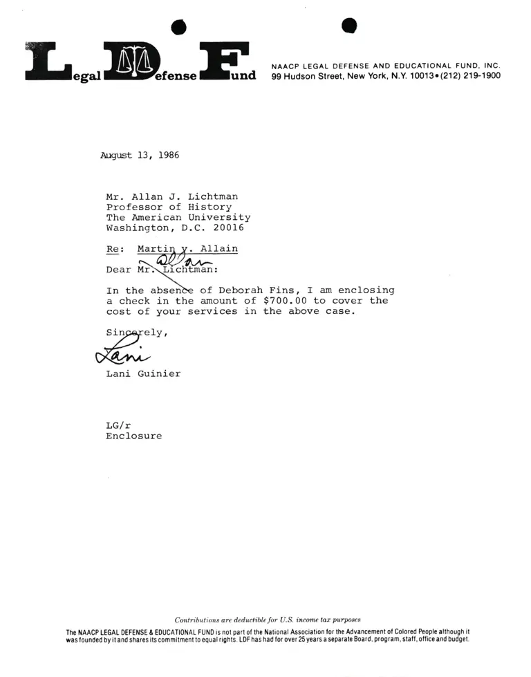 Correspondence from Lani Guinier to Prof. Allan J. Lichtman Re Martin v. Allain preview