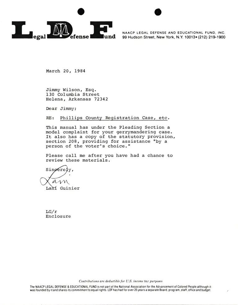 Letter from Lani Guinier to Jimmy Wilson RE: Phillips County Registration Case preview