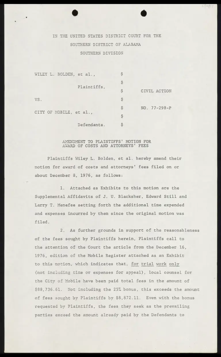 Amendment to Plaintiffs' Motion for Award of Costs and Attorneys' Fees preview