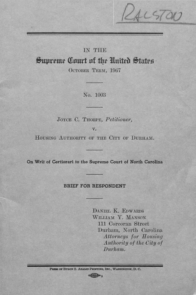 Thorpe v. Housing Authority of the City of Durham Brief for Respondent preview