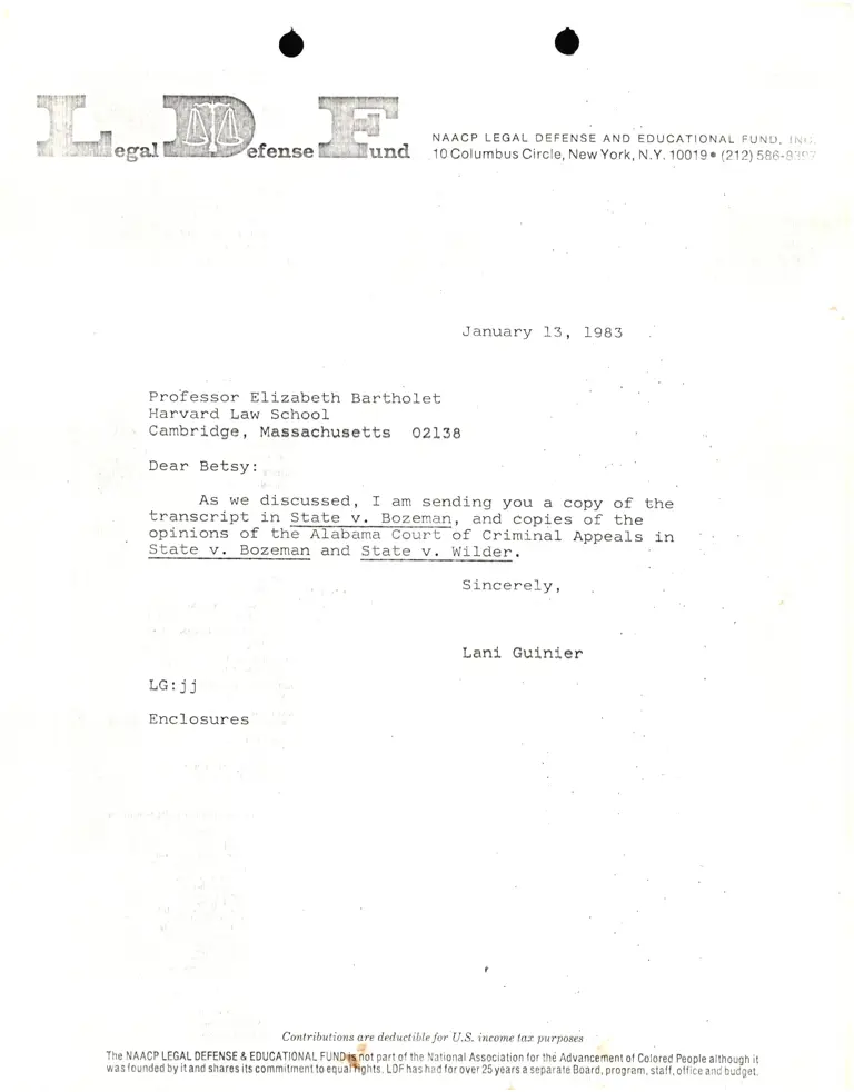Correspondence from Lani Guinier to Prof. Elizabeth Bartholet (Harvard Law School) Re: State v. Bozeman and State v. Wilder preview