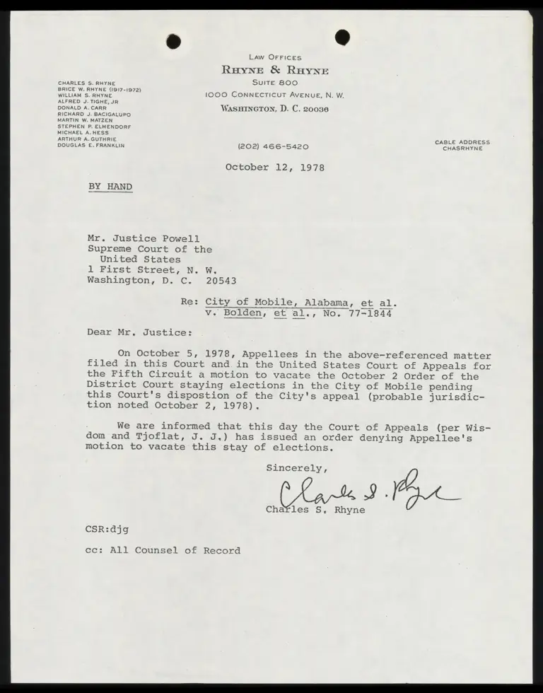 Correspondence from Rhyne to Justice Powell preview