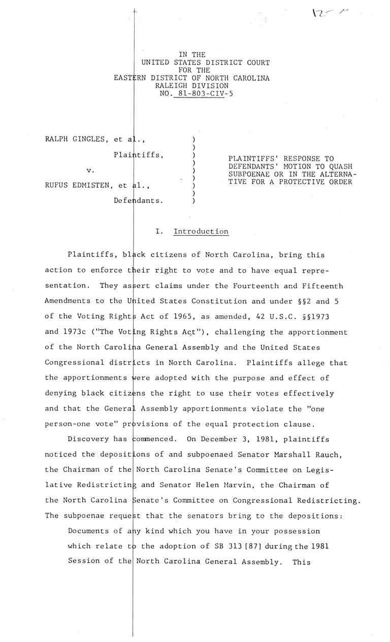 Plaintiffs' Response to Defendants' Motion to Quash Subpoena of in the Alternative for a Protective Order preview
