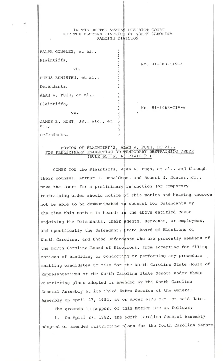 Gingles v. Edmisten and Pugh v. Hunt Motion of Plaintiff's, Alan v. Pugh, et al., For Preliminary Injunction or Temporary Restraining Order; General Assembly of North Carolina Primary Election Schedule; General Assembly Amendments; Correspondence from Bradford Reynolds to Leonard preview