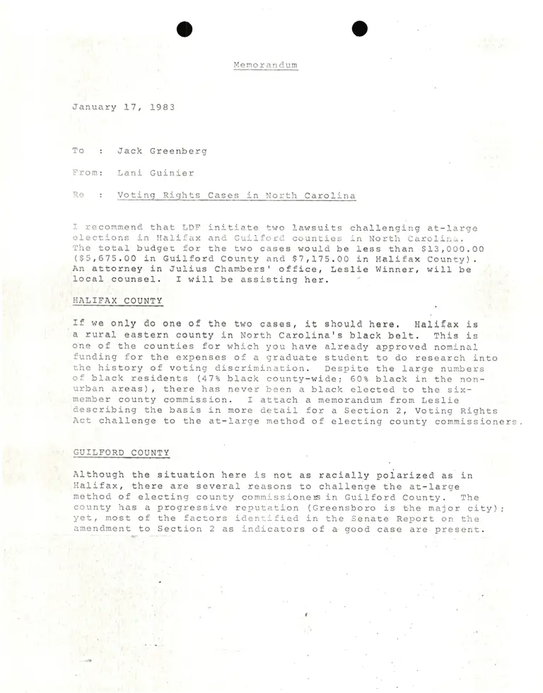 Memorandum from Lani Guinier to Jack Greenberg Re: Voting Rights Cases in North Carolina preview