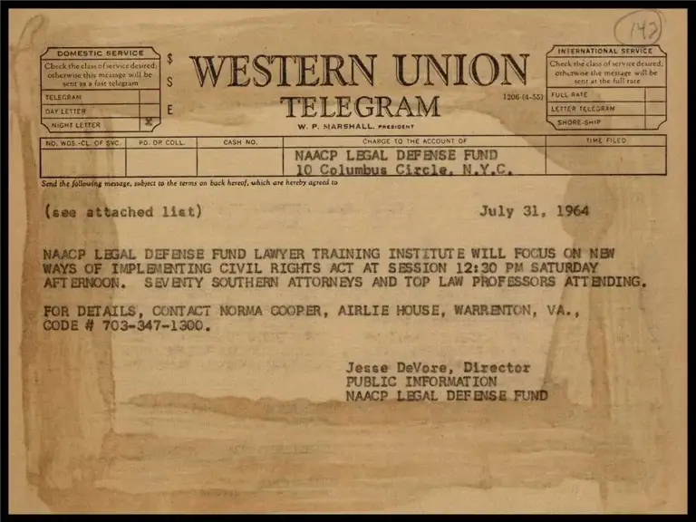 Airlie House Lawyer Training Institute on Implementing the Civil Rights Act (Telegram) preview