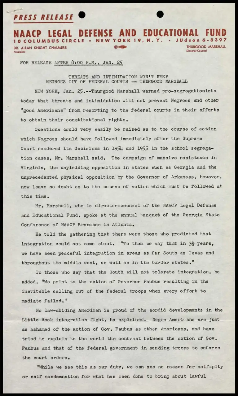 Threats and Intimidation Won't Keep Negroes out of Federal Courts -- Thurgood Marshall preview